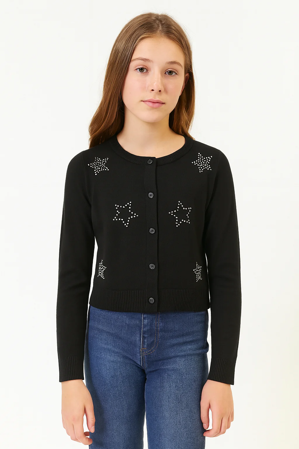 Girls Premium Rhinestone Knit Button Cardigan - Image 2