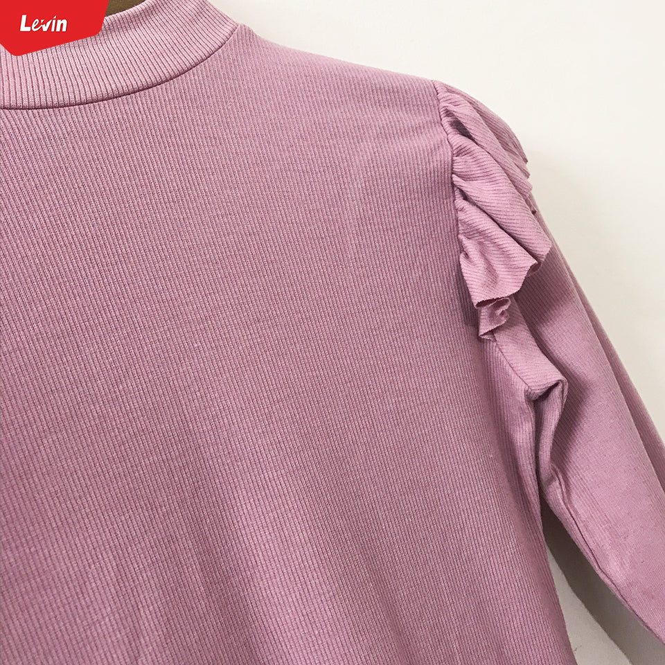 Girls Ribbed Ruffle Trim Shoulder Mock Neck Tops - Image 15