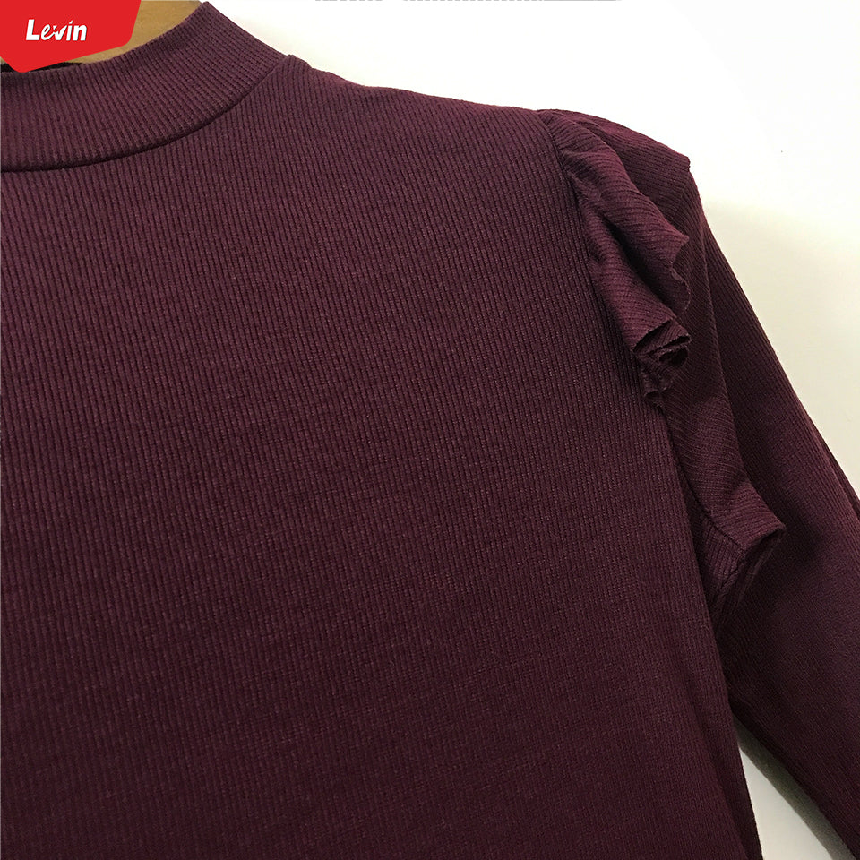 Girls Ribbed Ruffle Trim Shoulder Mock Neck Tops - Image 16