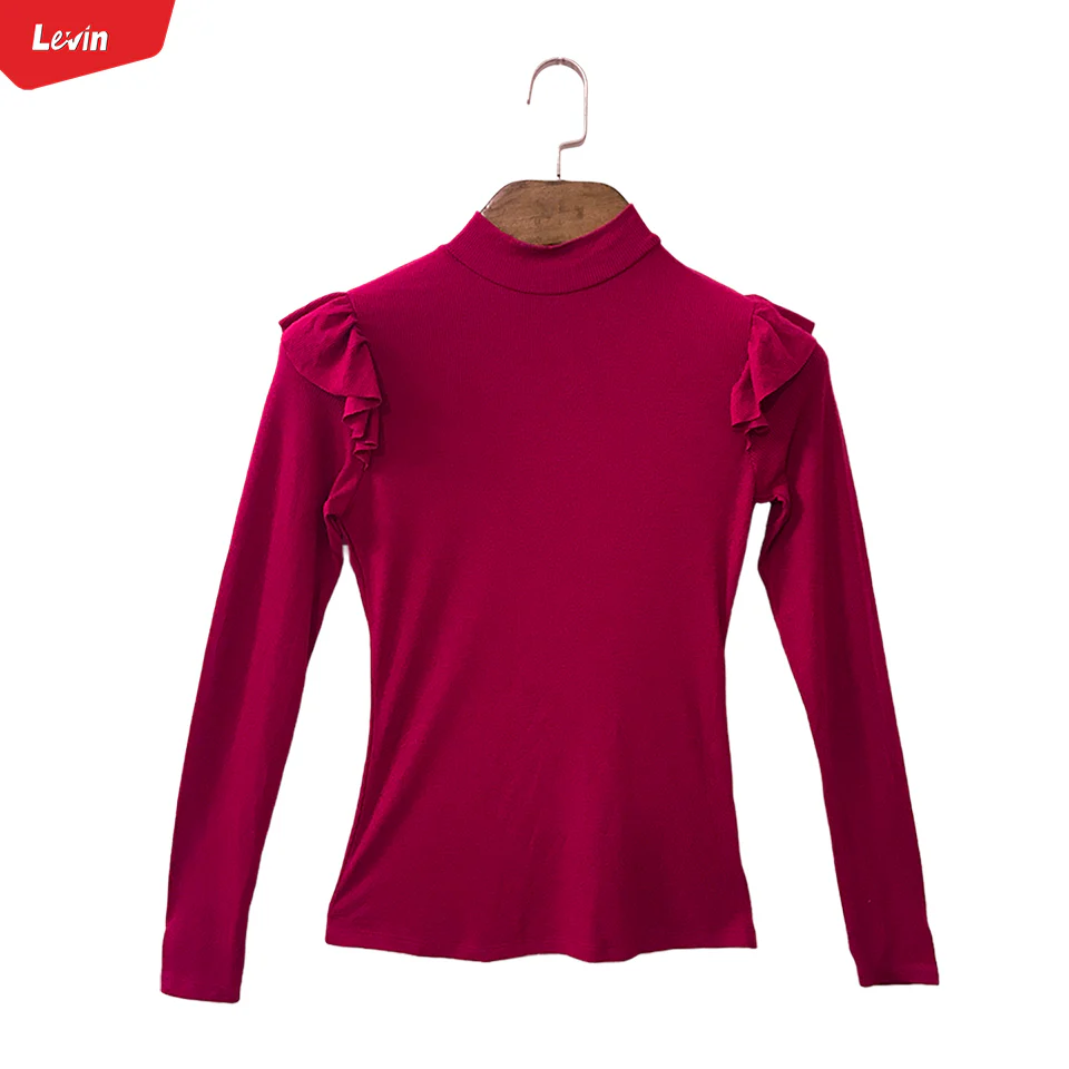 Girls Ribbed Ruffle Trim Shoulder Mock Neck Tops - Image 3