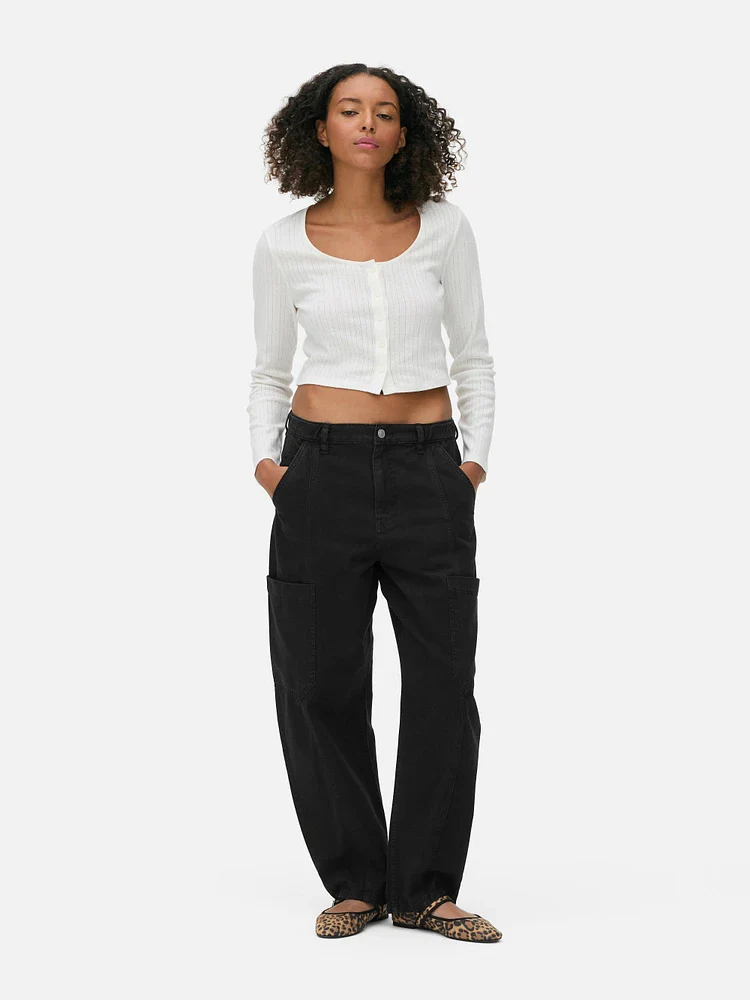 Ladies Full Sleeve Pointelle Cropped Cardigan Top - Image 3