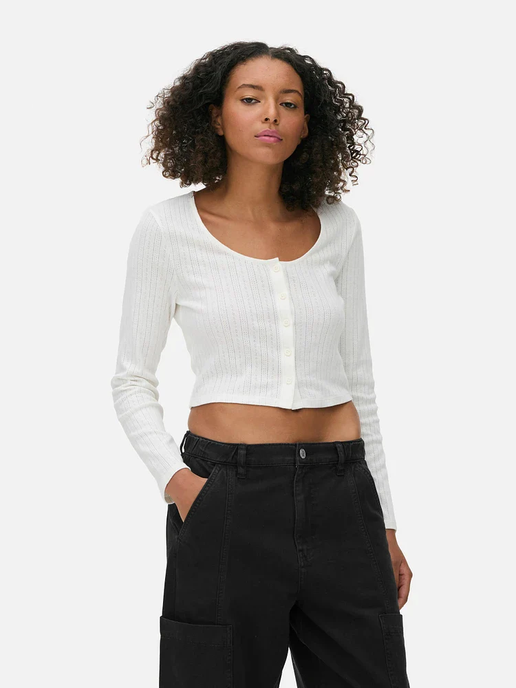 Ladies Full Sleeve Pointelle Cropped Cardigan Top - Image 5