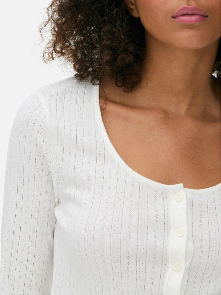 Ladies Full Sleeve Pointelle Cropped Cardigan Top - Image 6