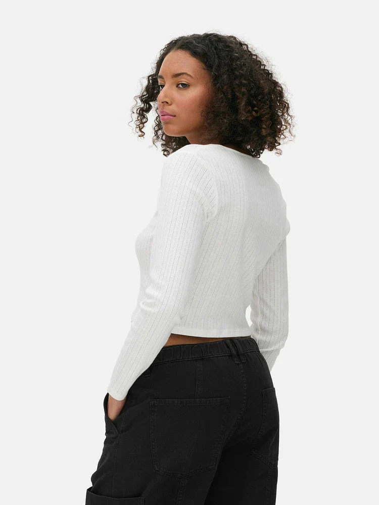 Ladies Full Sleeve Pointelle Cropped Cardigan Top - Image 7