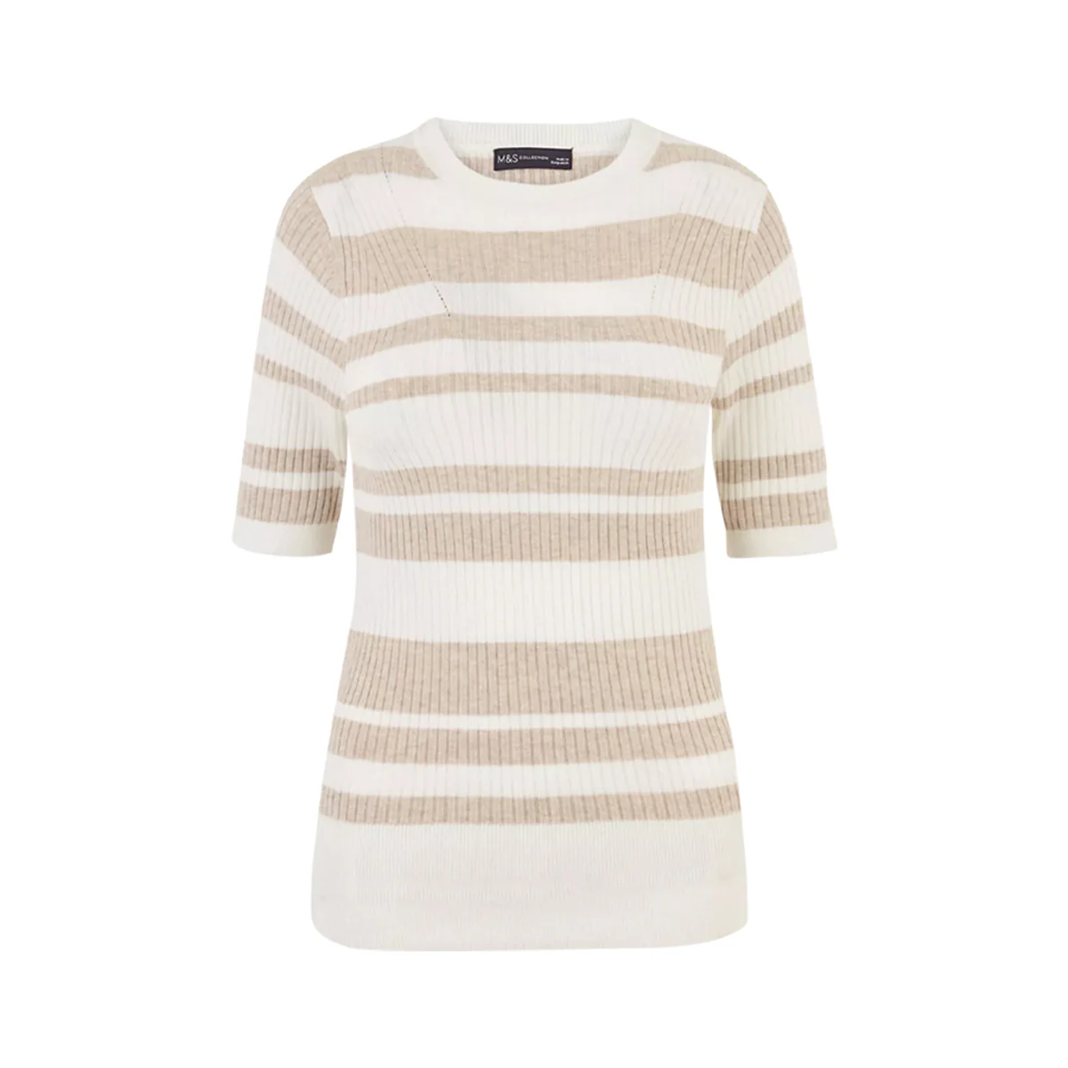 Ladies Short Sleeve Ribbed Crew Neck Knitted Stripe Sweater - Image 10