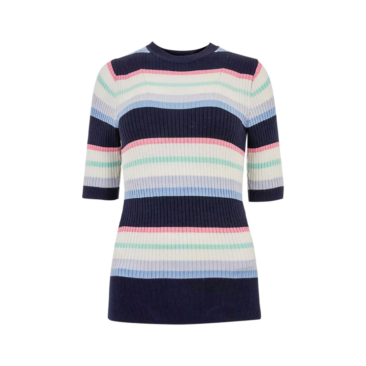 Ladies Short Sleeve Ribbed Crew Neck Knitted Stripe Sweater - Image 11