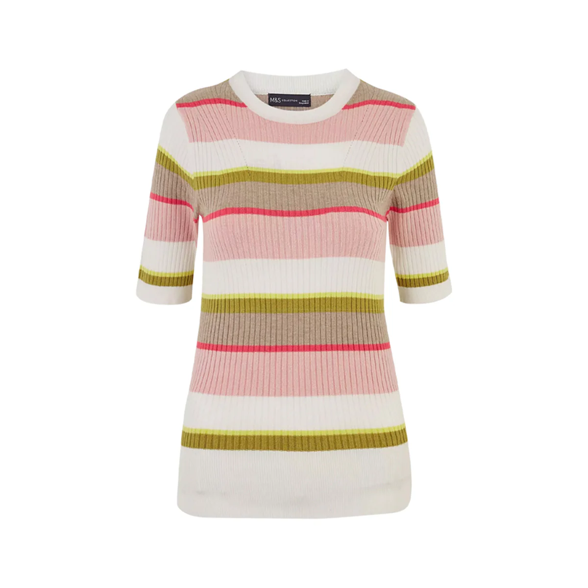 Ladies Short Sleeve Ribbed Crew Neck Knitted Stripe Sweater - Image 12