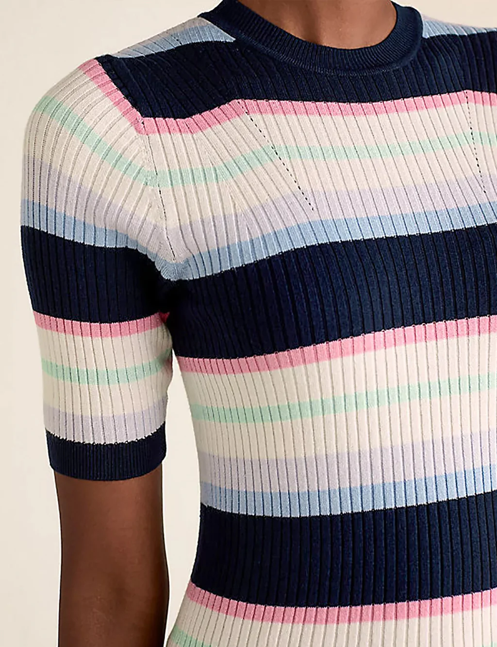 Ladies Short Sleeve Ribbed Crew Neck Knitted Stripe Sweater - Image 2