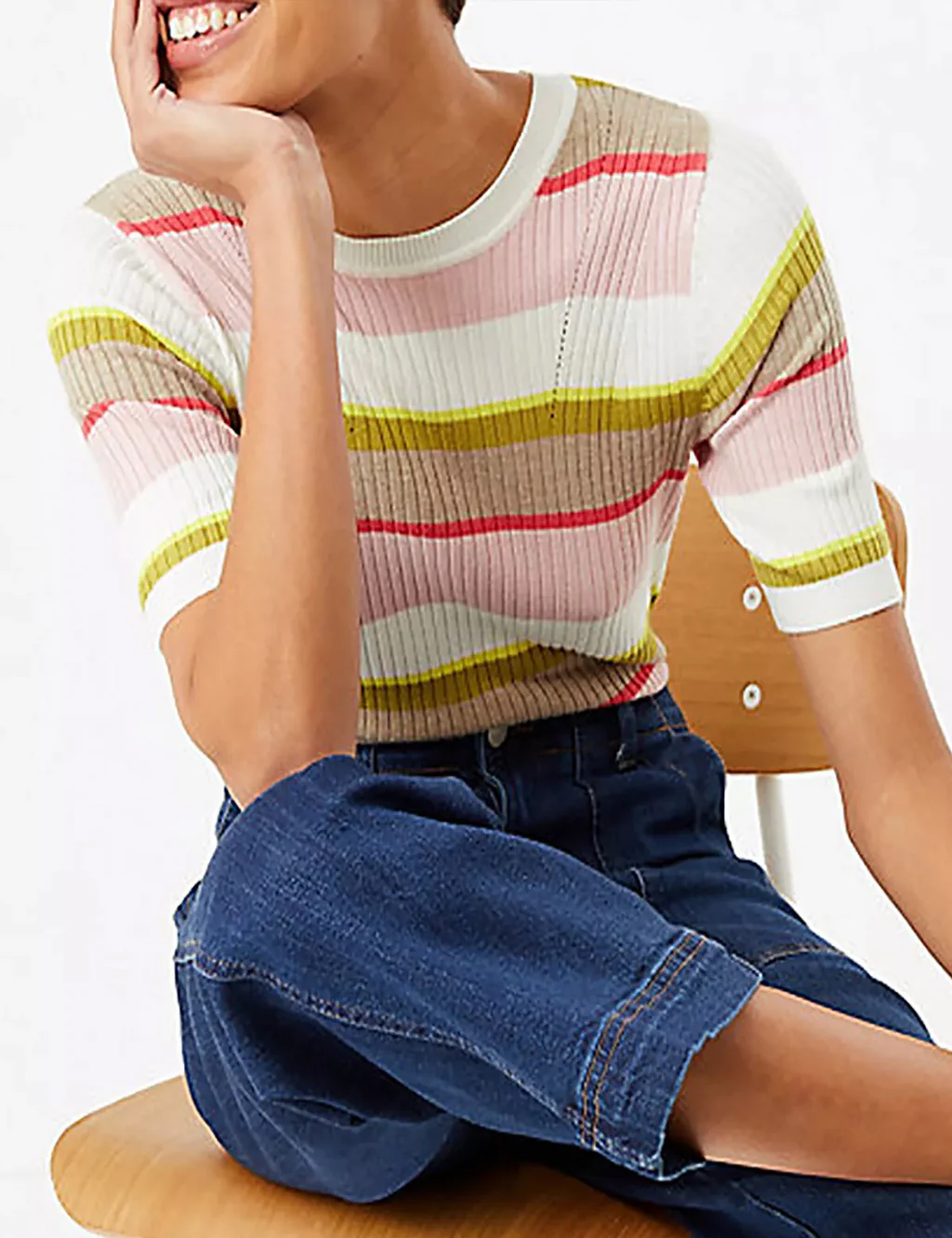 Ladies Short Sleeve Ribbed Crew Neck Knitted Stripe Sweater - Image 3