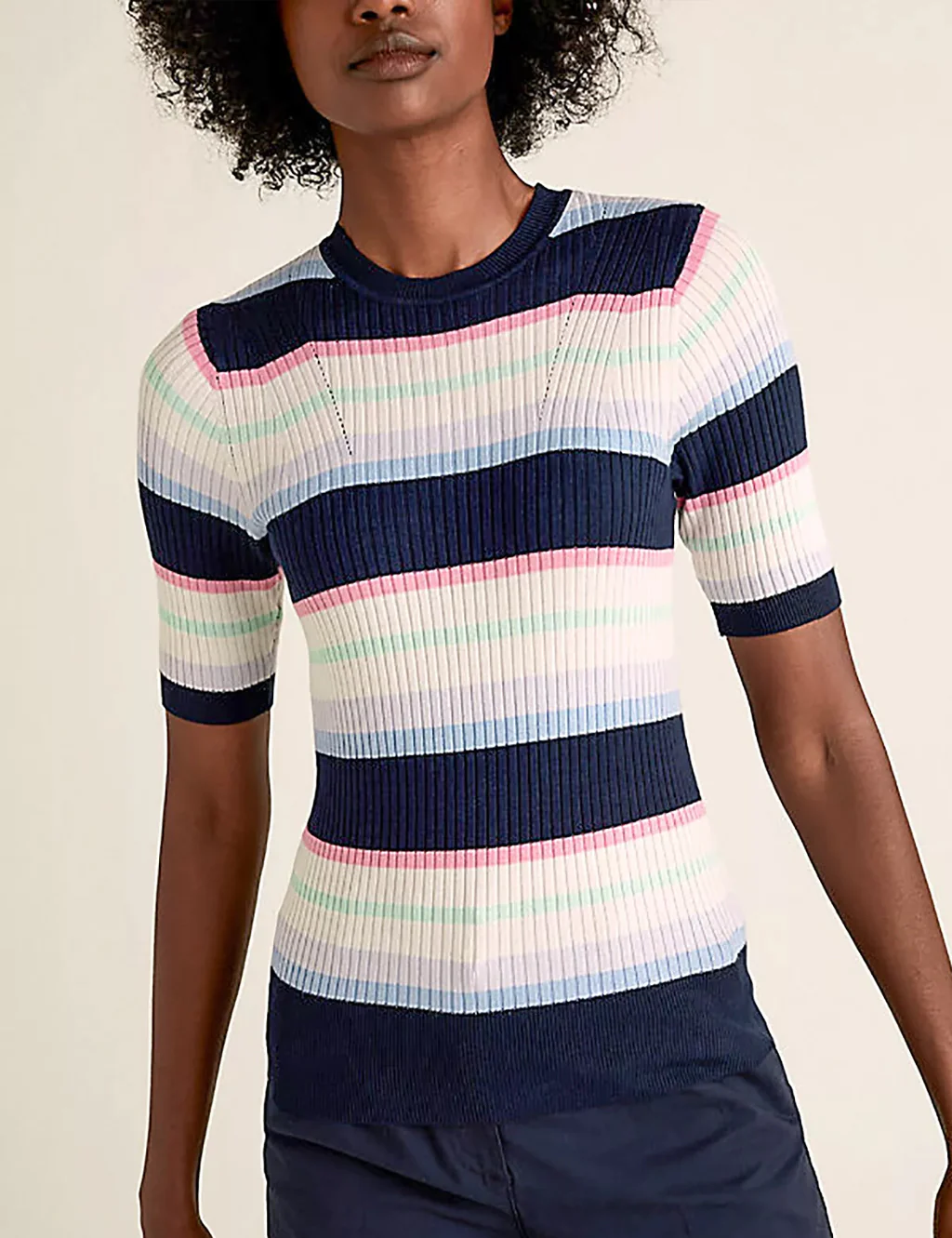 Ladies Short Sleeve Ribbed Crew Neck Knitted Stripe Sweater - Image 4