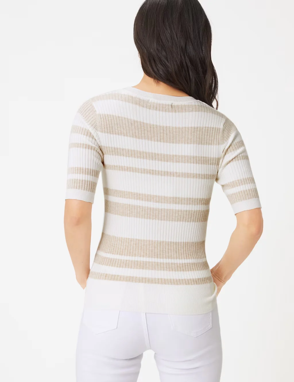 Ladies Short Sleeve Ribbed Crew Neck Knitted Stripe Sweater - Image 7