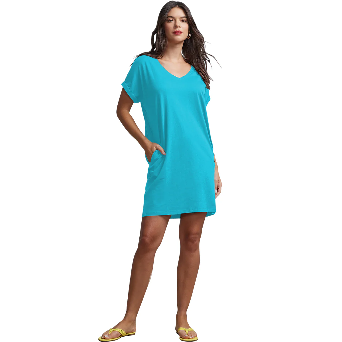 Ladies Side Pocket V-Neck Long T-shirt Shift Dress - Image 13