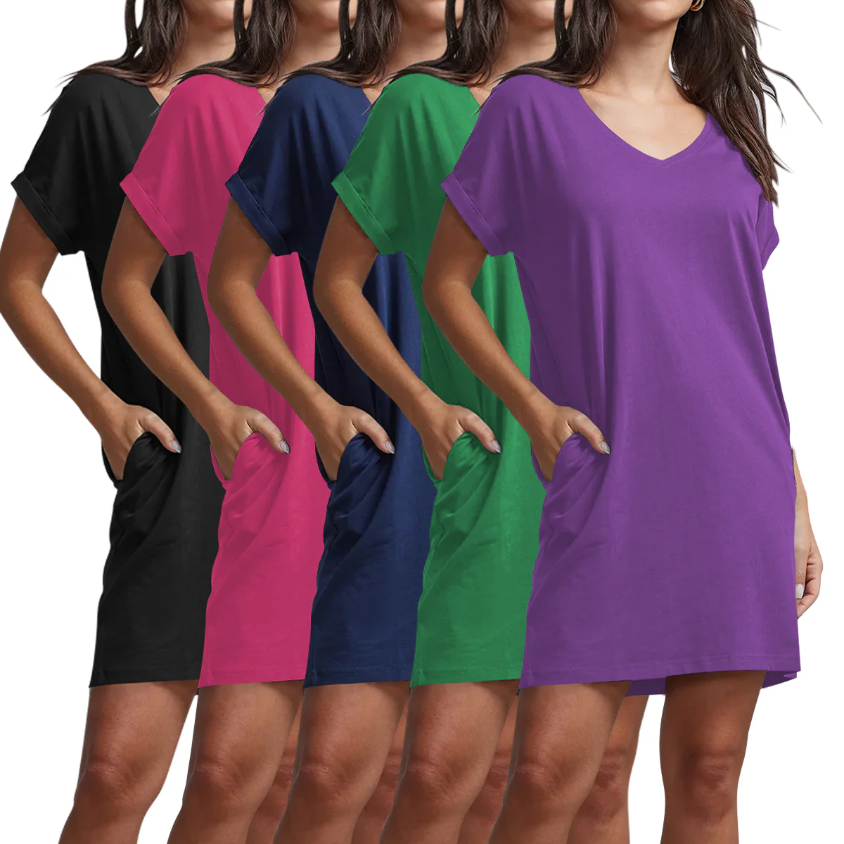 Ladies Side Pocket V-Neck Long T-shirt Shift Dress - Image 34