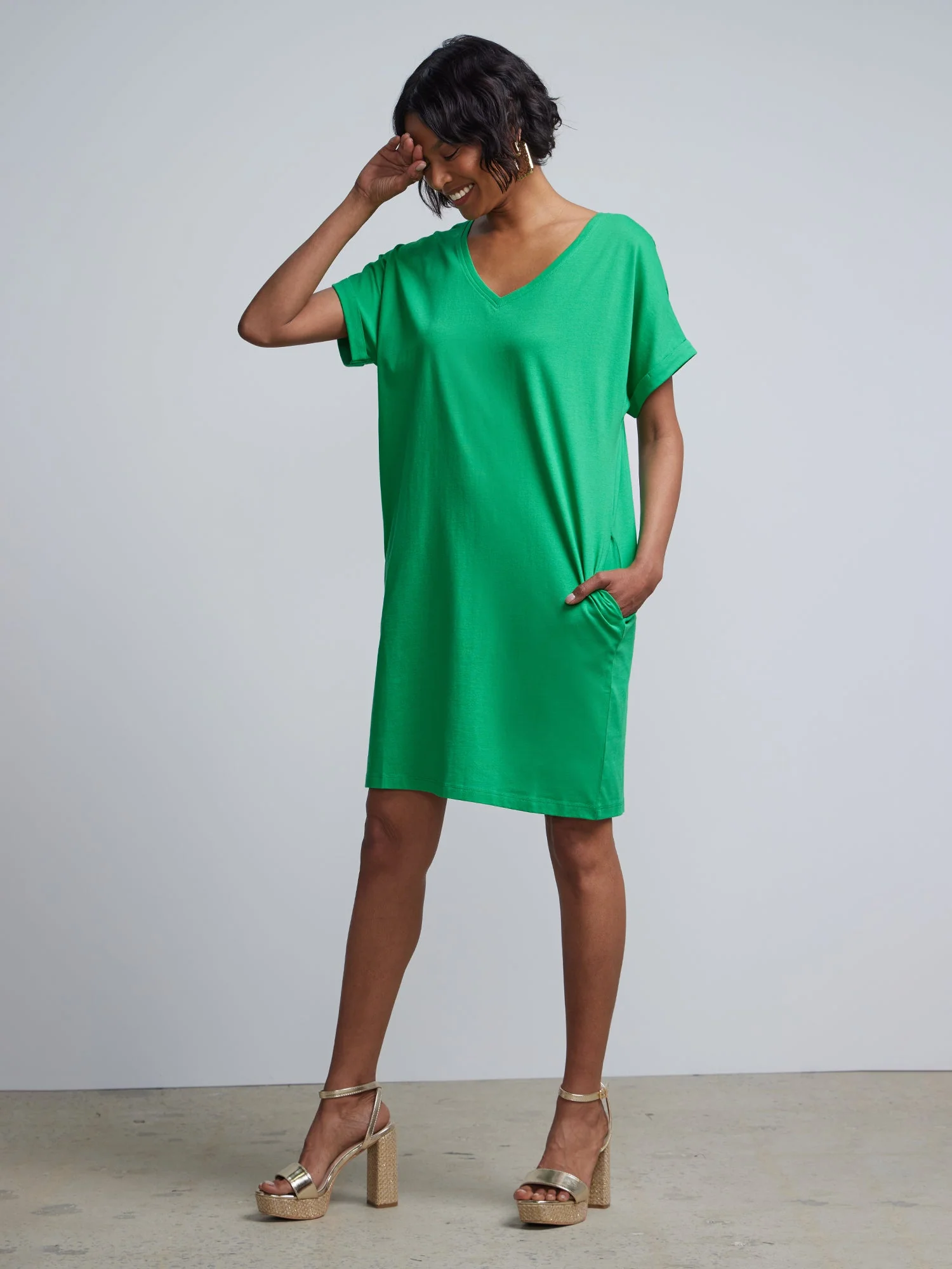 Ladies Side Pocket V-Neck Long T-shirt Shift Dress - Image 7