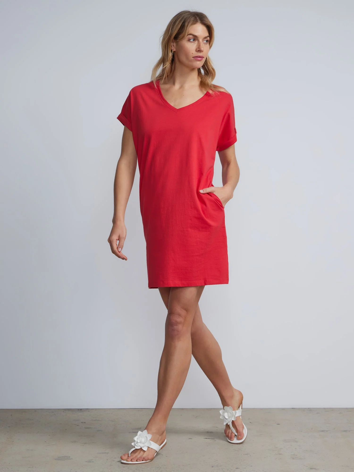 Ladies Side Pocket V-Neck Long T-shirt Shift Dress - Image 8