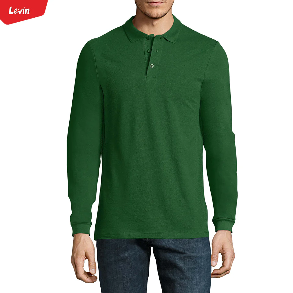 Mens Long Sleeve Pique Polo Cotton T-Shirt - Image 10