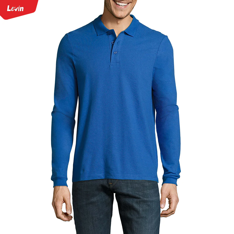 Mens Long Sleeve Pique Polo Cotton T-Shirt - Image 11