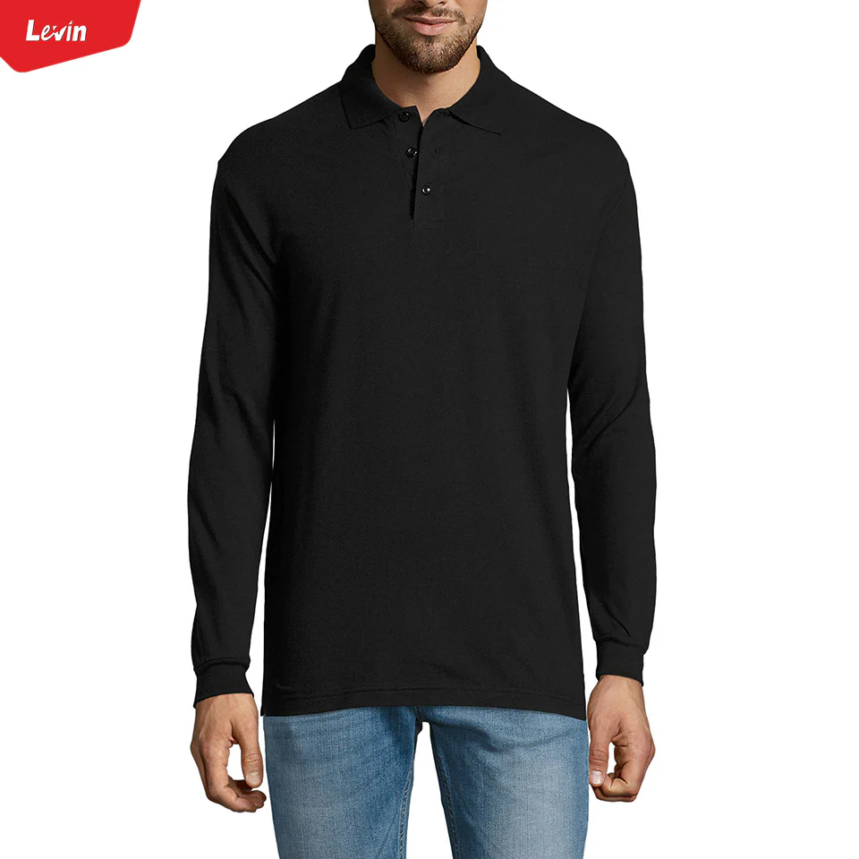 Mens Long Sleeve Pique Polo Cotton T-Shirt - Image 3