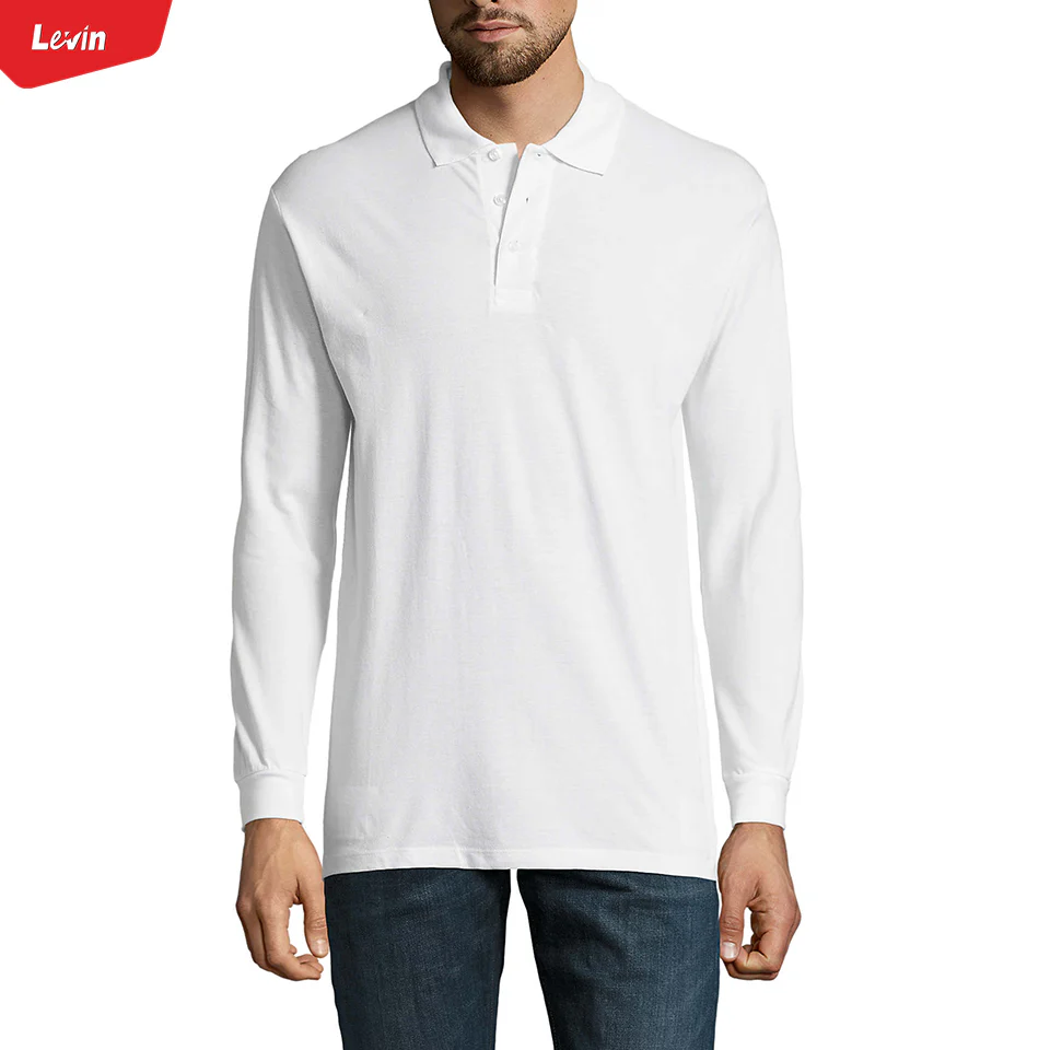 Mens Long Sleeve Pique Polo Cotton T-Shirt - Image 5