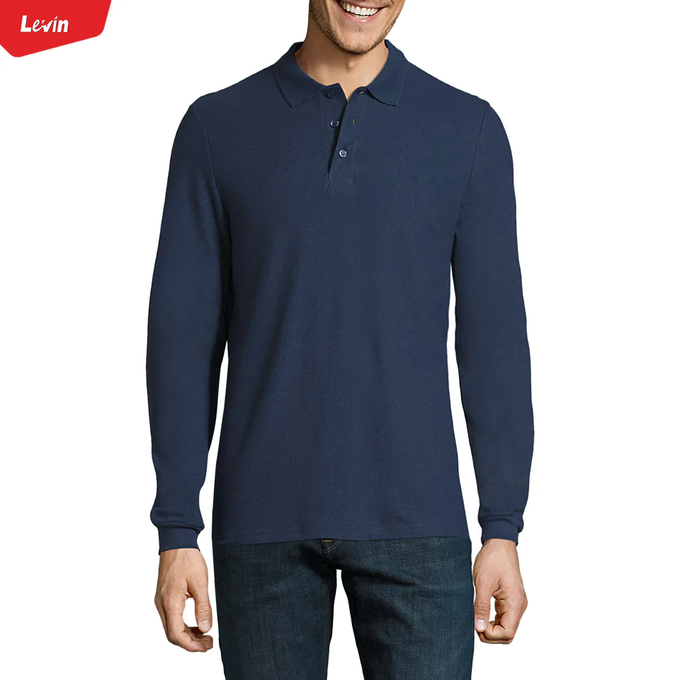 Mens Long Sleeve Pique Polo Cotton T-Shirt - Image 6