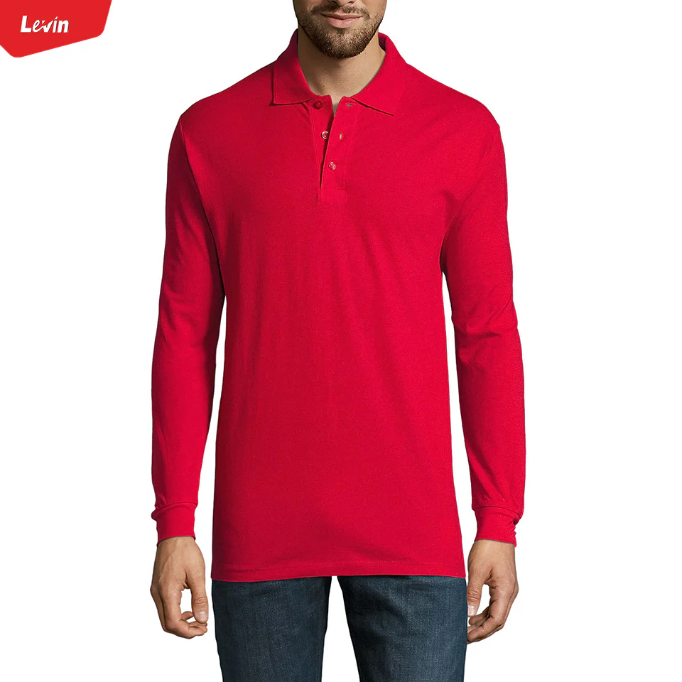 Mens Long Sleeve Pique Polo Cotton T-Shirt - Image 7