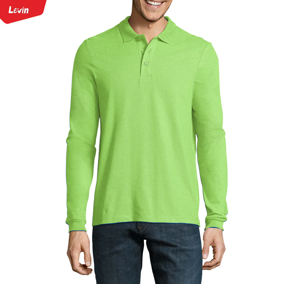 Mens Long Sleeve Pique Polo Cotton T-Shirt - Image 8