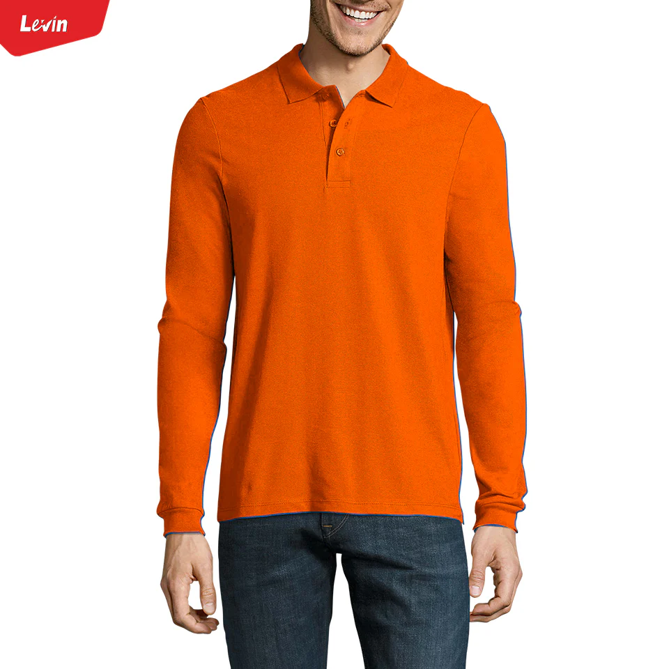 Mens Long Sleeve Pique Polo Cotton T-Shirt - Image 9