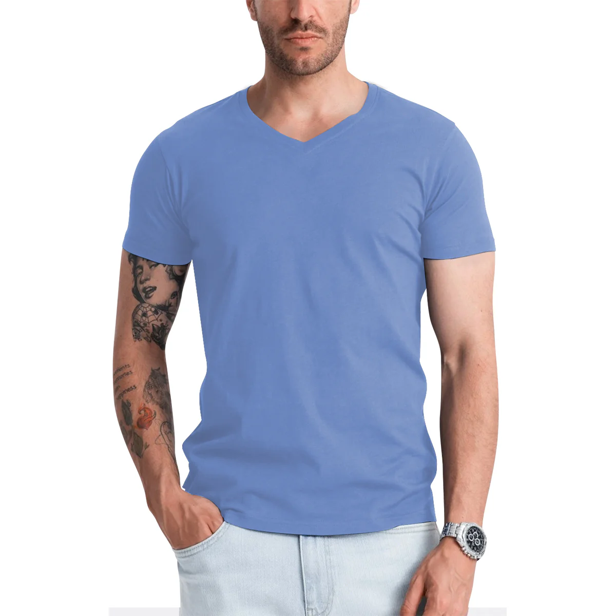 Men's Short Sleeve V-Neck Cotton T-Shirt - Image 17
