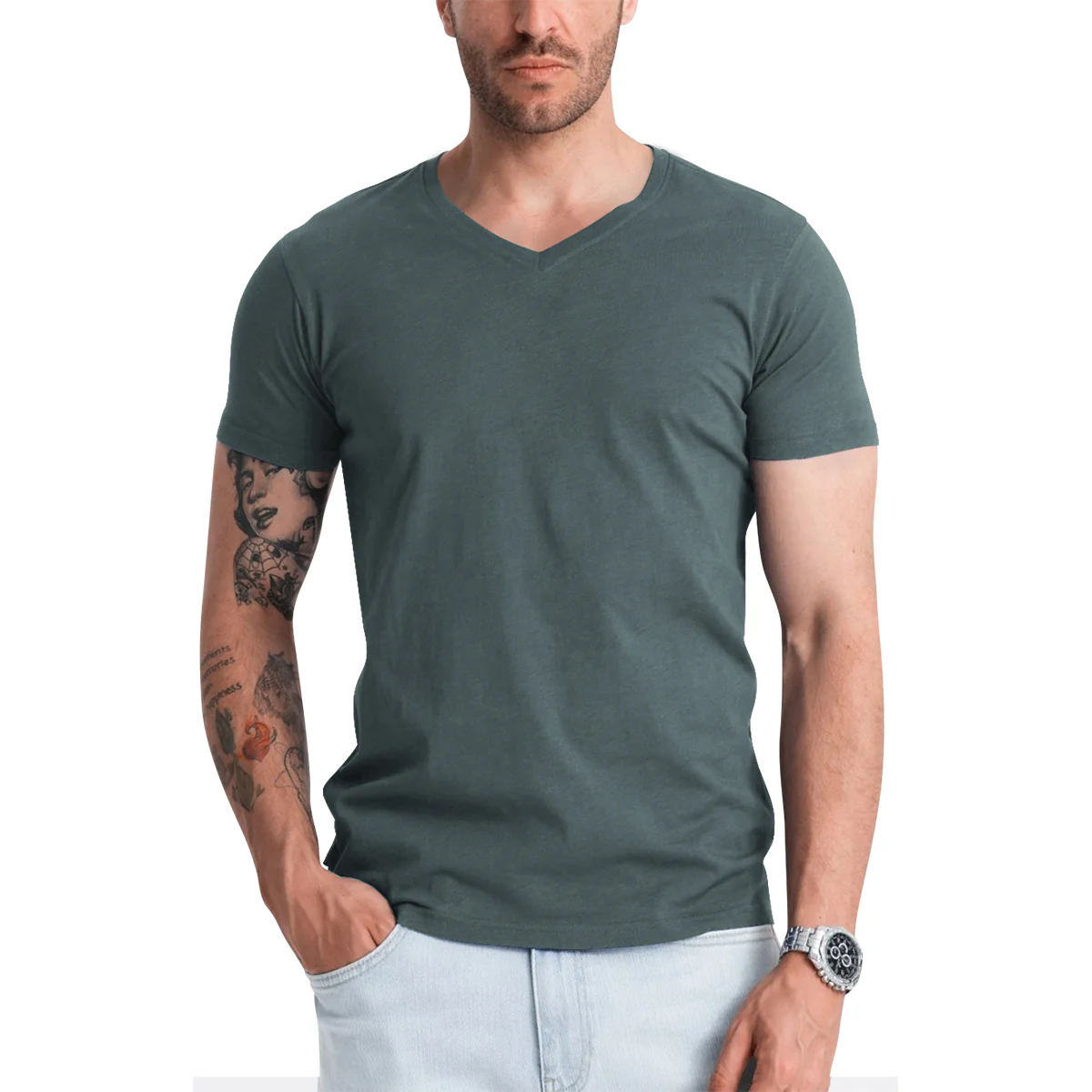 Men's Short Sleeve V-Neck Cotton T-Shirt - Image 19