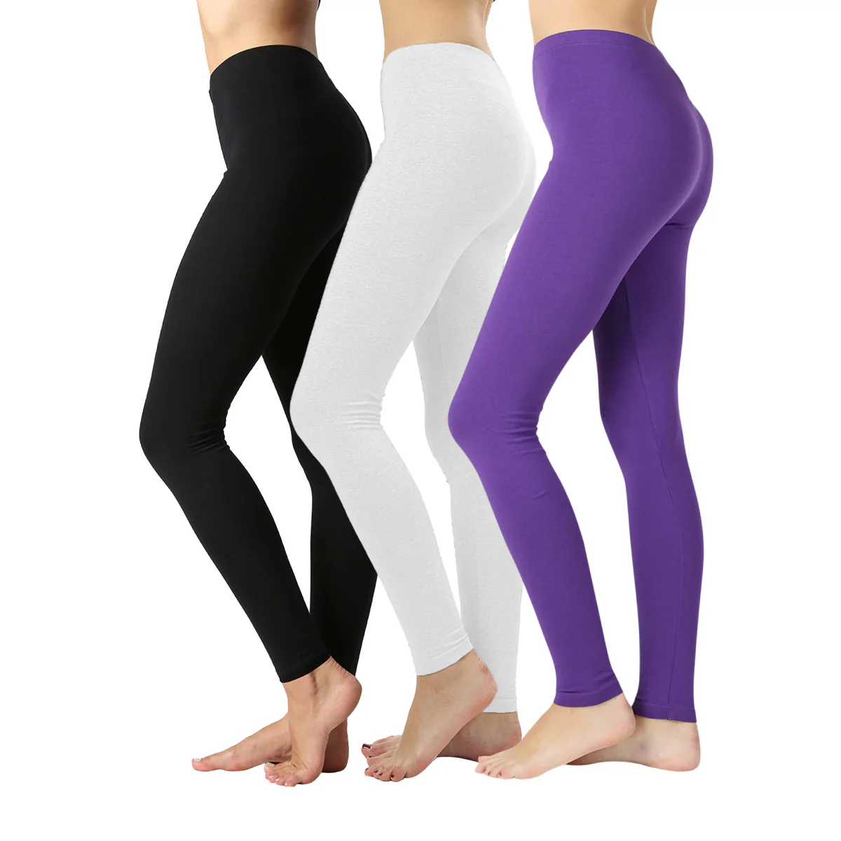 Pack of 3 Women Basic Solid Color Cotton Full Length Leggings - Image 3
