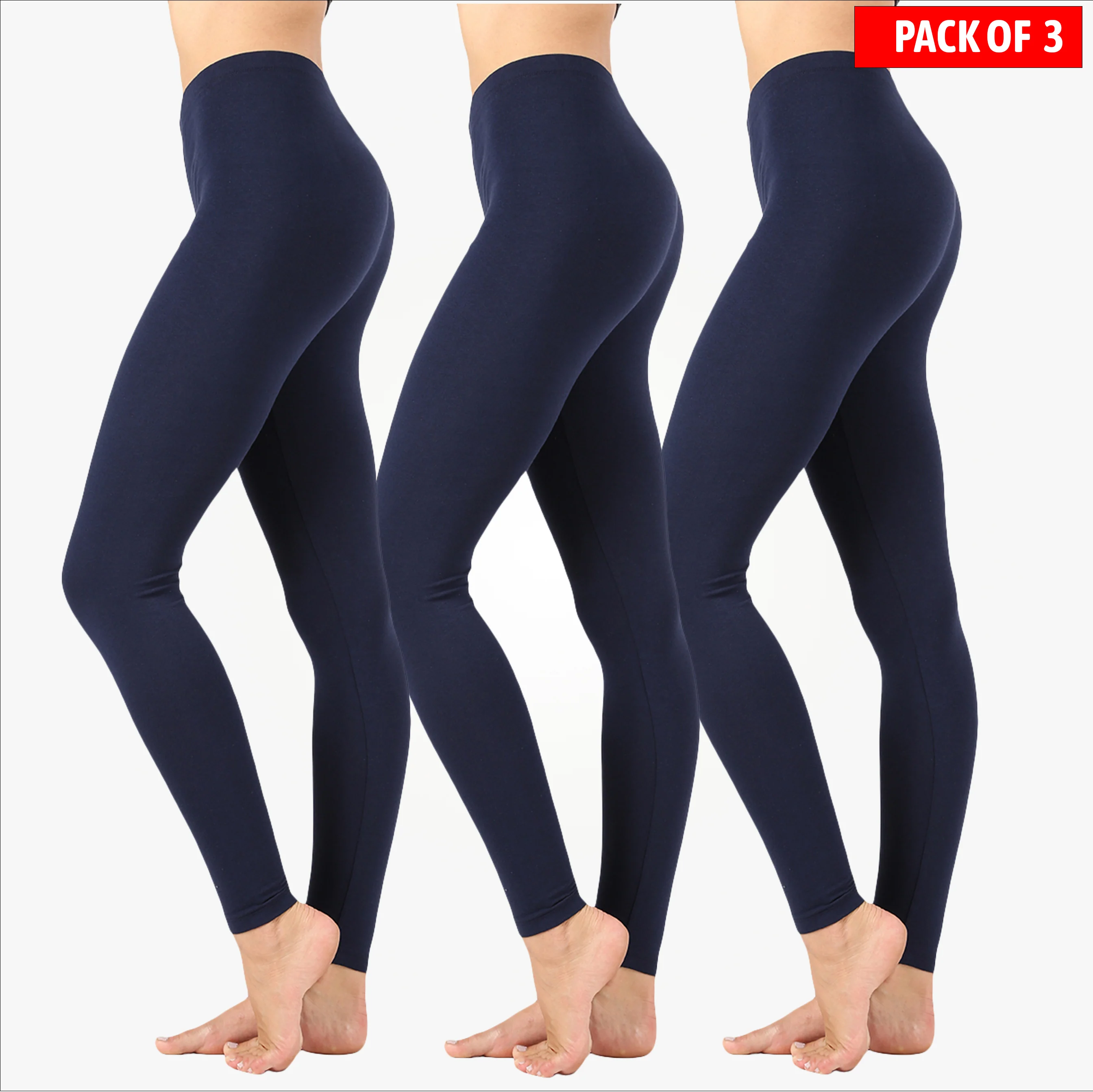 Pack of 3 Women Basic Solid Color Cotton Full Length Leggings - Image 9