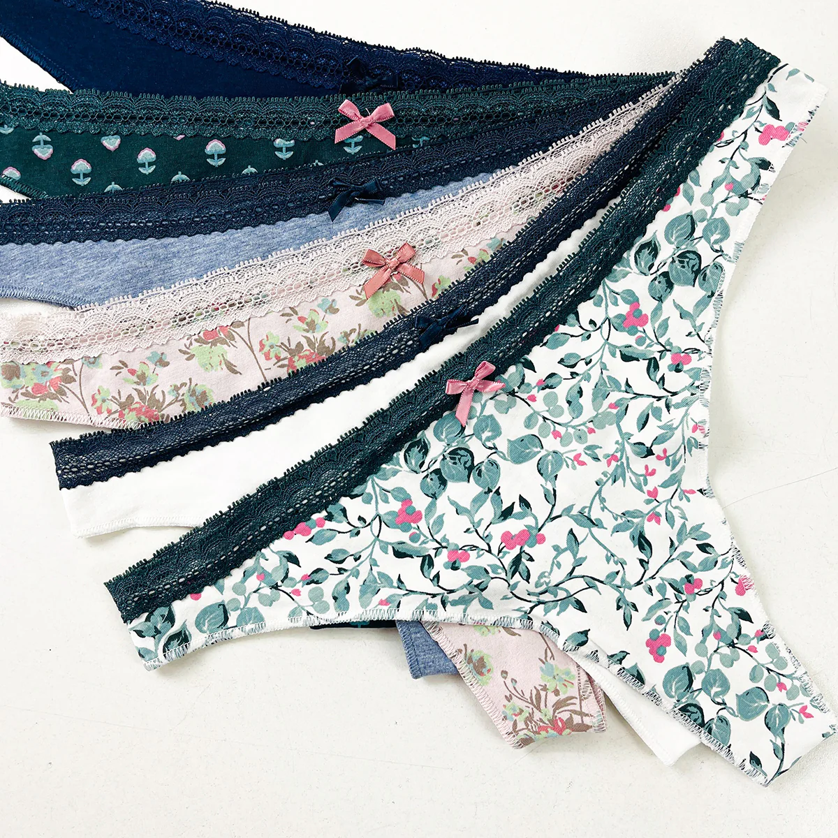 Pack of 5 Womens Soft Cotton Floral & Solid Lace Trim Thong Panty - Image 3
