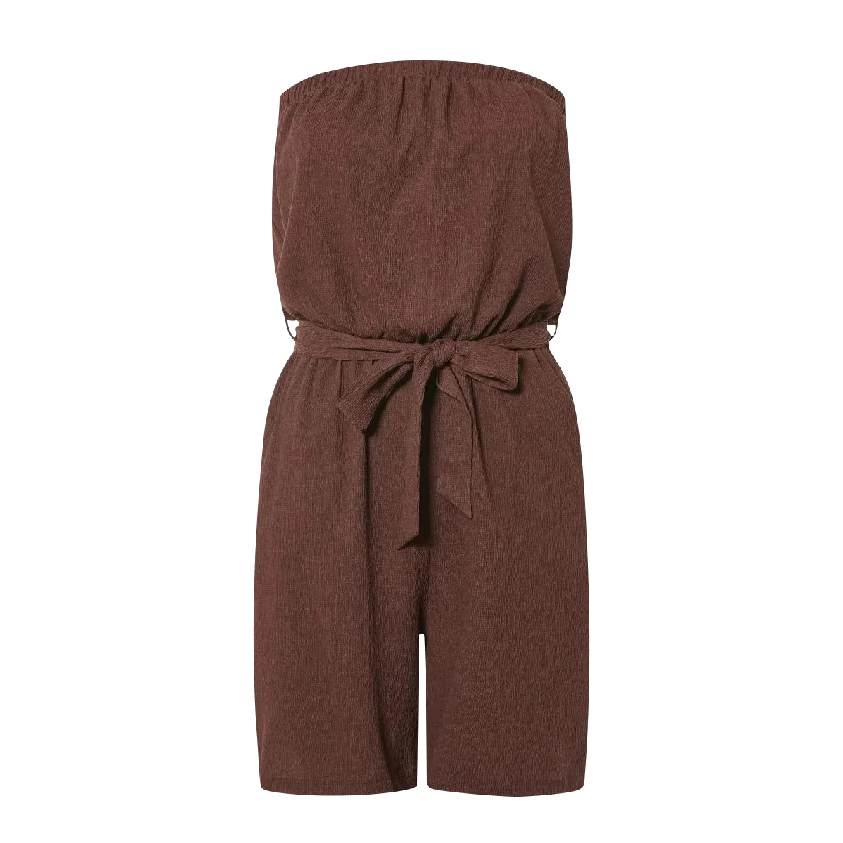 Women Off Shoulder Drawstring Waist Lightweight Crinkle Culotte Tube Top - Image 4