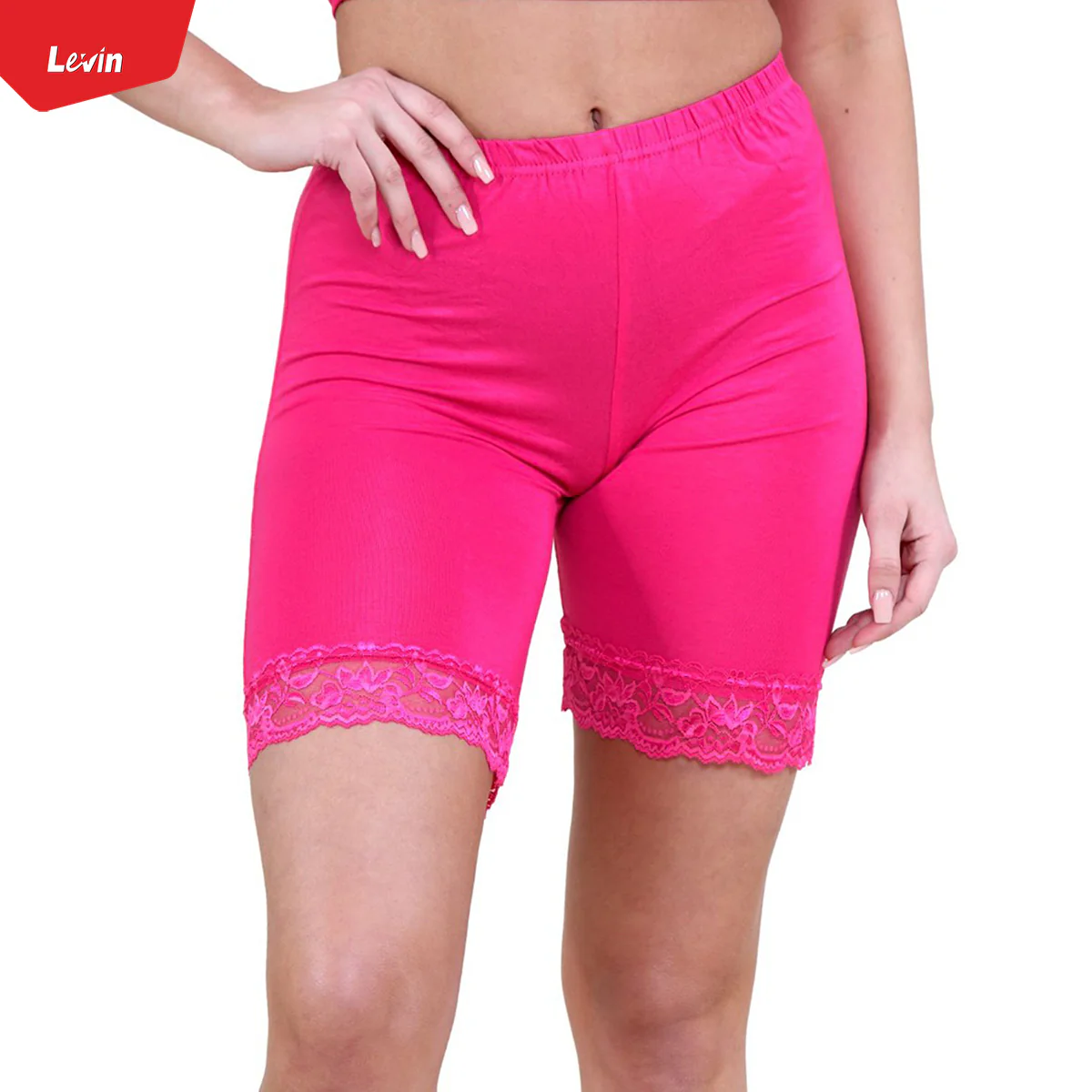 Women’s Cotton Blend Mid Waist Lace Trim Stretch Sports Bike Shorts - Image 2
