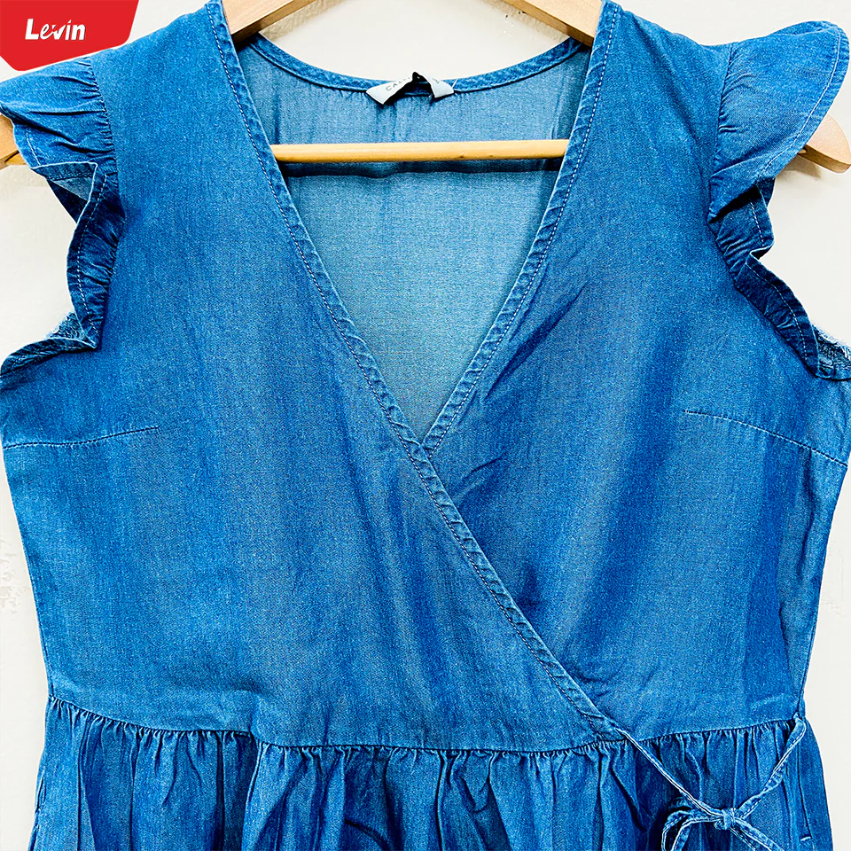 Womens Ruffle Sleeve Crossover Denim Tops - Image 8
