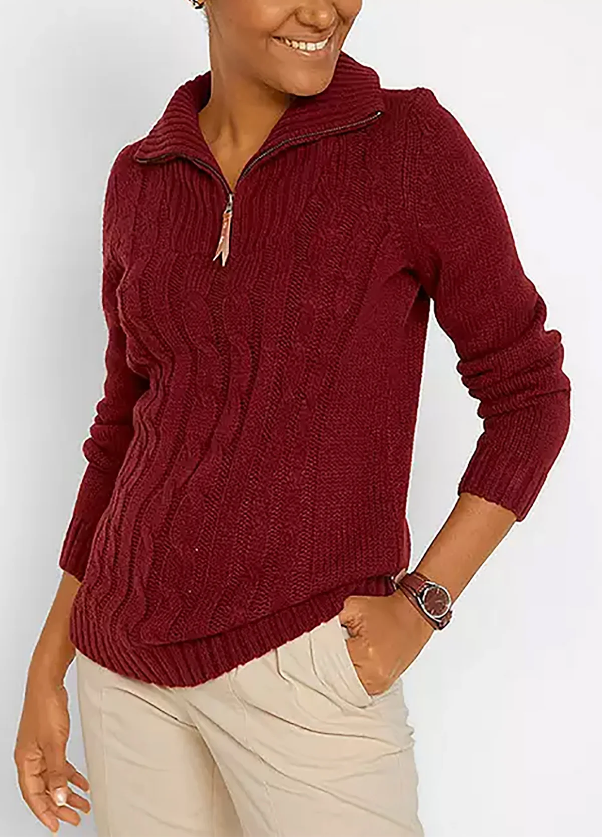 Womens Cable Knit Quarter Zip Pullover Sweater - Image 2
