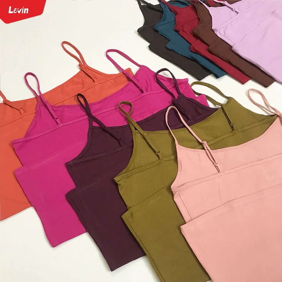 Women's Cotton Scoop Neck Adjustable Spaghetti Strap Color Full Cami Tank Tops - Image 10