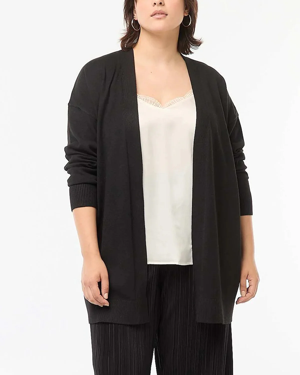 Womens Long Open Front Knit Ribbed Trim Cardigan - Image 2