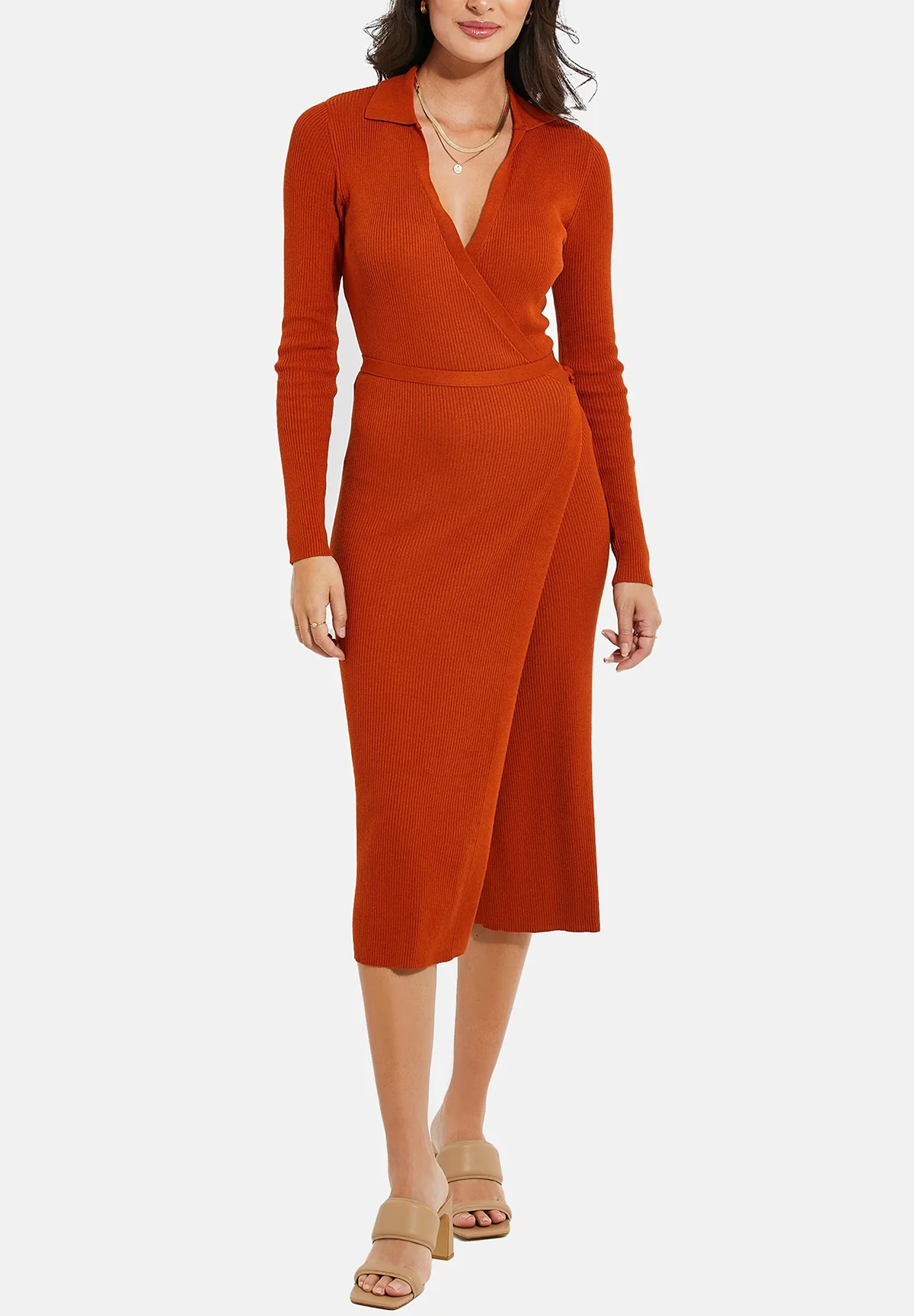 Womens Long Sleeve Ribbed Knit Wrap Collared Midi Belted Bodycon - Image 10