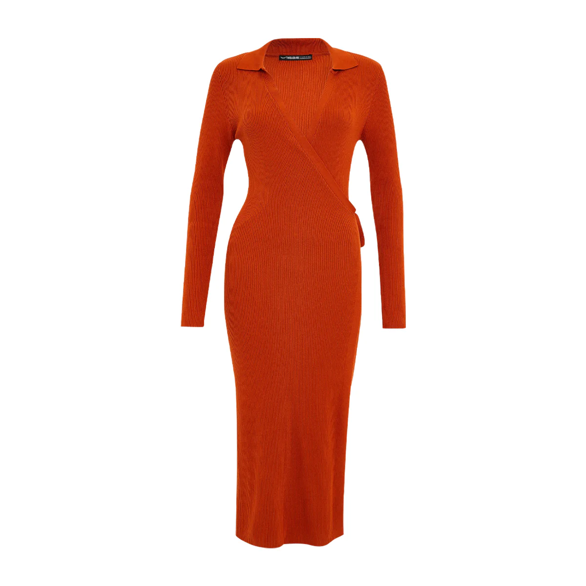 Womens Long Sleeve Ribbed Knit Wrap Collared Midi Belted Bodycon - Image 11