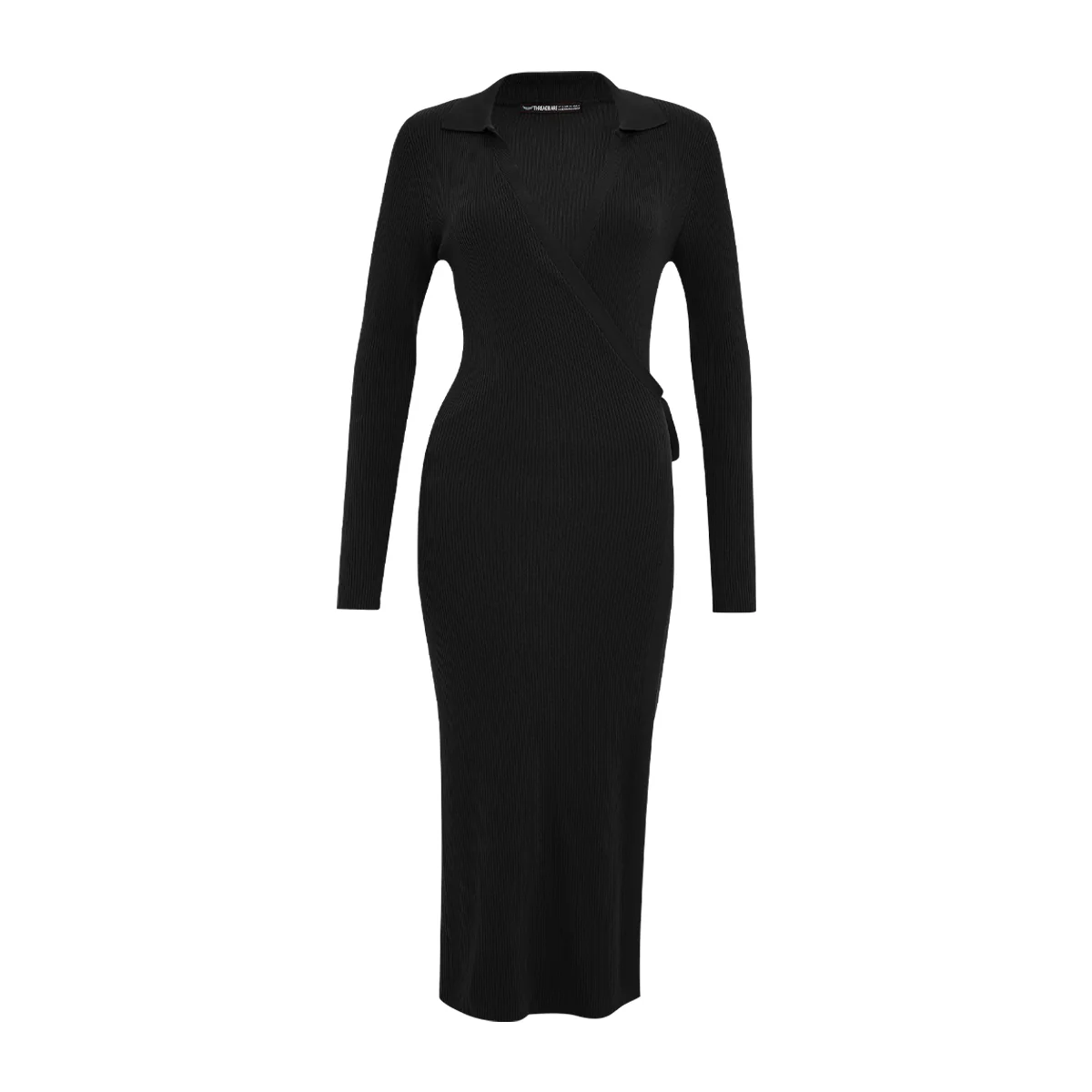Womens Long Sleeve Ribbed Knit Wrap Collared Midi Belted Bodycon - Image 12