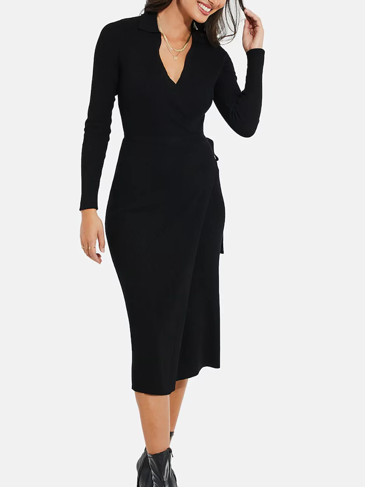 Womens Long Sleeve Ribbed Knit Wrap Collared Midi Belted Bodycon - Image 2