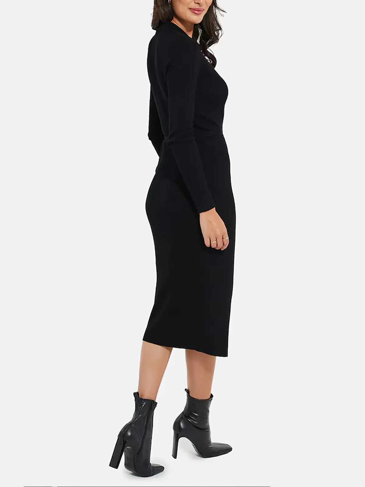Womens Long Sleeve Ribbed Knit Wrap Collared Midi Belted Bodycon - Image 3