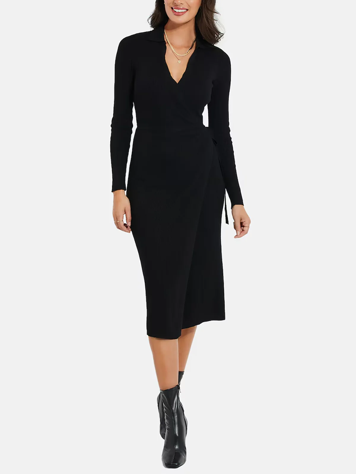 Womens Long Sleeve Ribbed Knit Wrap Collared Midi Belted Bodycon - Image 6