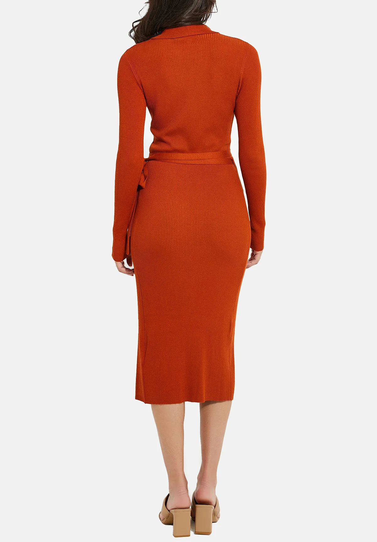 Womens Long Sleeve Ribbed Knit Wrap Collared Midi Belted Bodycon - Image 8