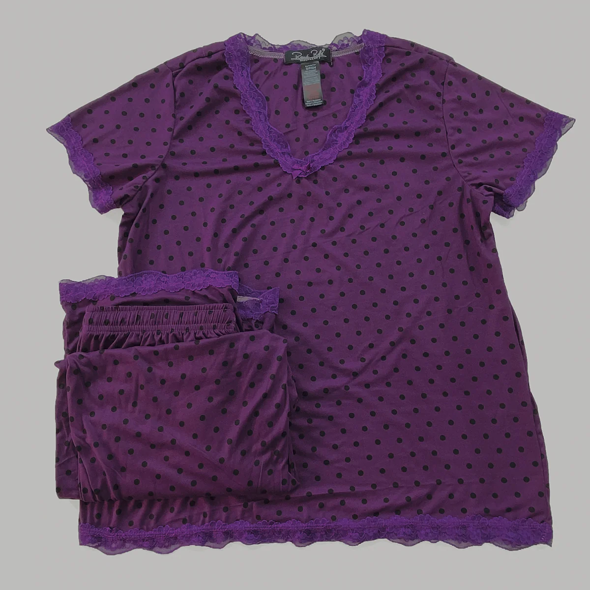 Womens Polka Dot Soft Stretch Lace Trim Sleepwear 3/4 Pajama Set - Image 12