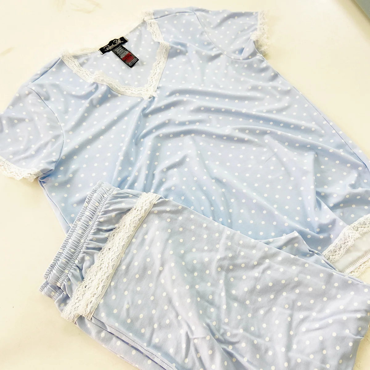 Womens Polka Dot Soft Stretch Lace Trim Sleepwear 3/4 Pajama Set - Image 14