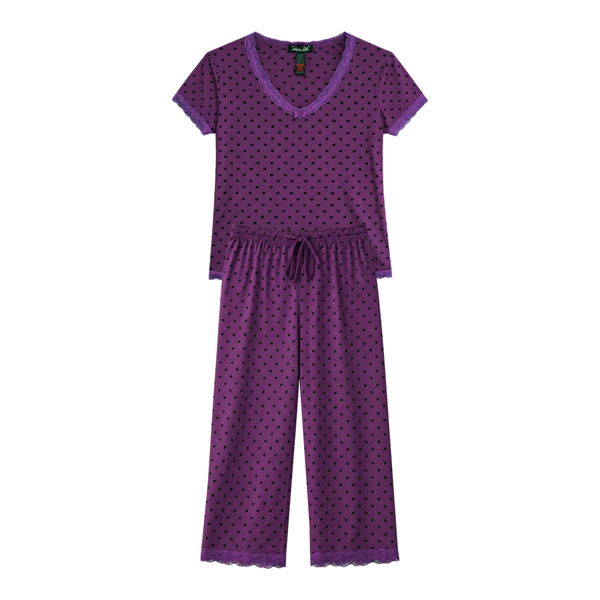 Womens Polka Dot Soft Stretch Lace Trim Sleepwear 3/4 Pajama Set - Image 16