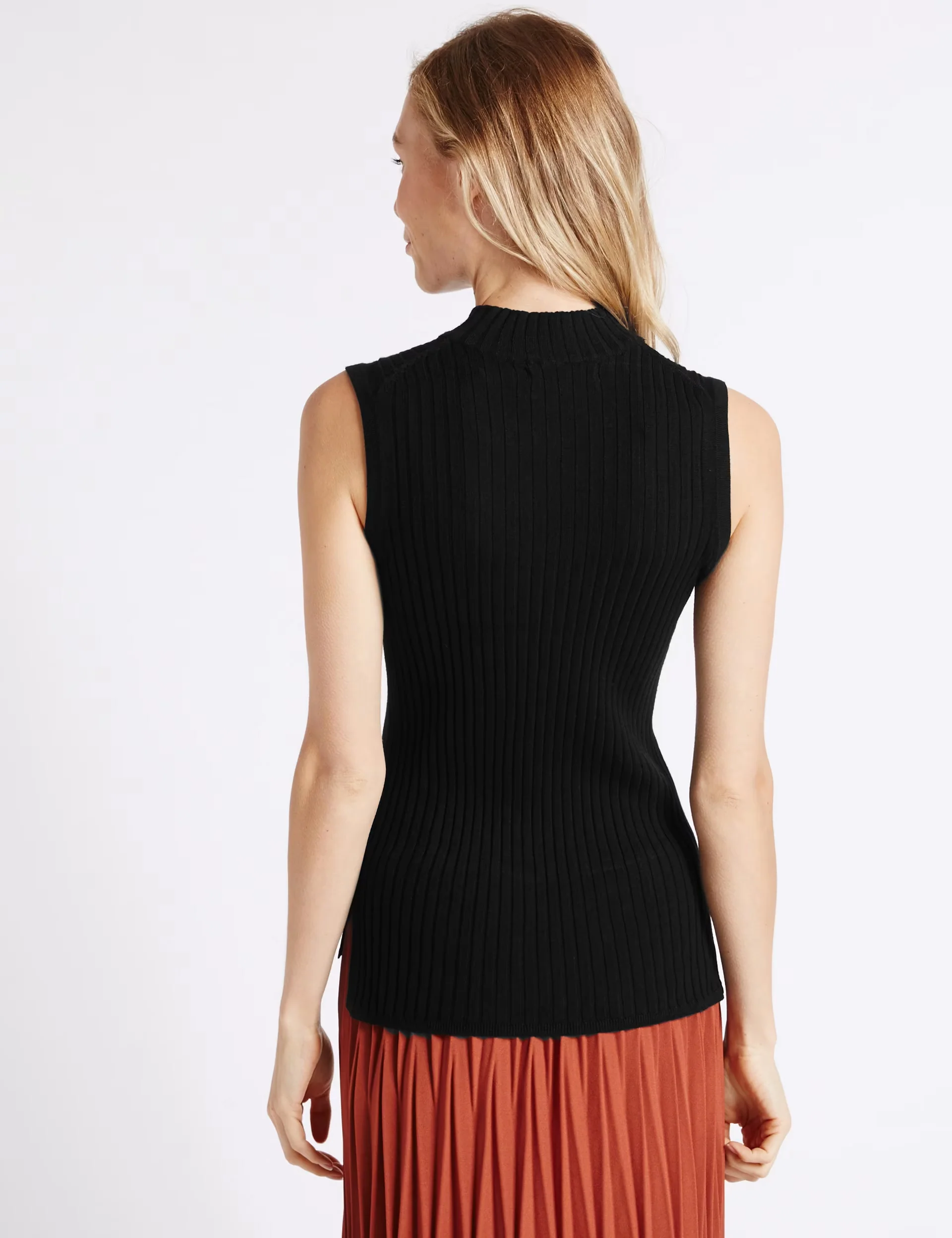 Womens Ribbed Funnel Neck Sleeveless Jumper - Image 2