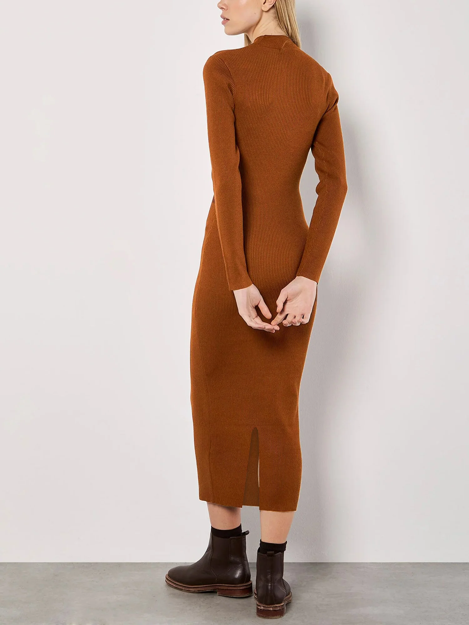 Womens Ribbed Knit Bodycon Long Sleeve Midi Dress with Mock Neck - Image 2